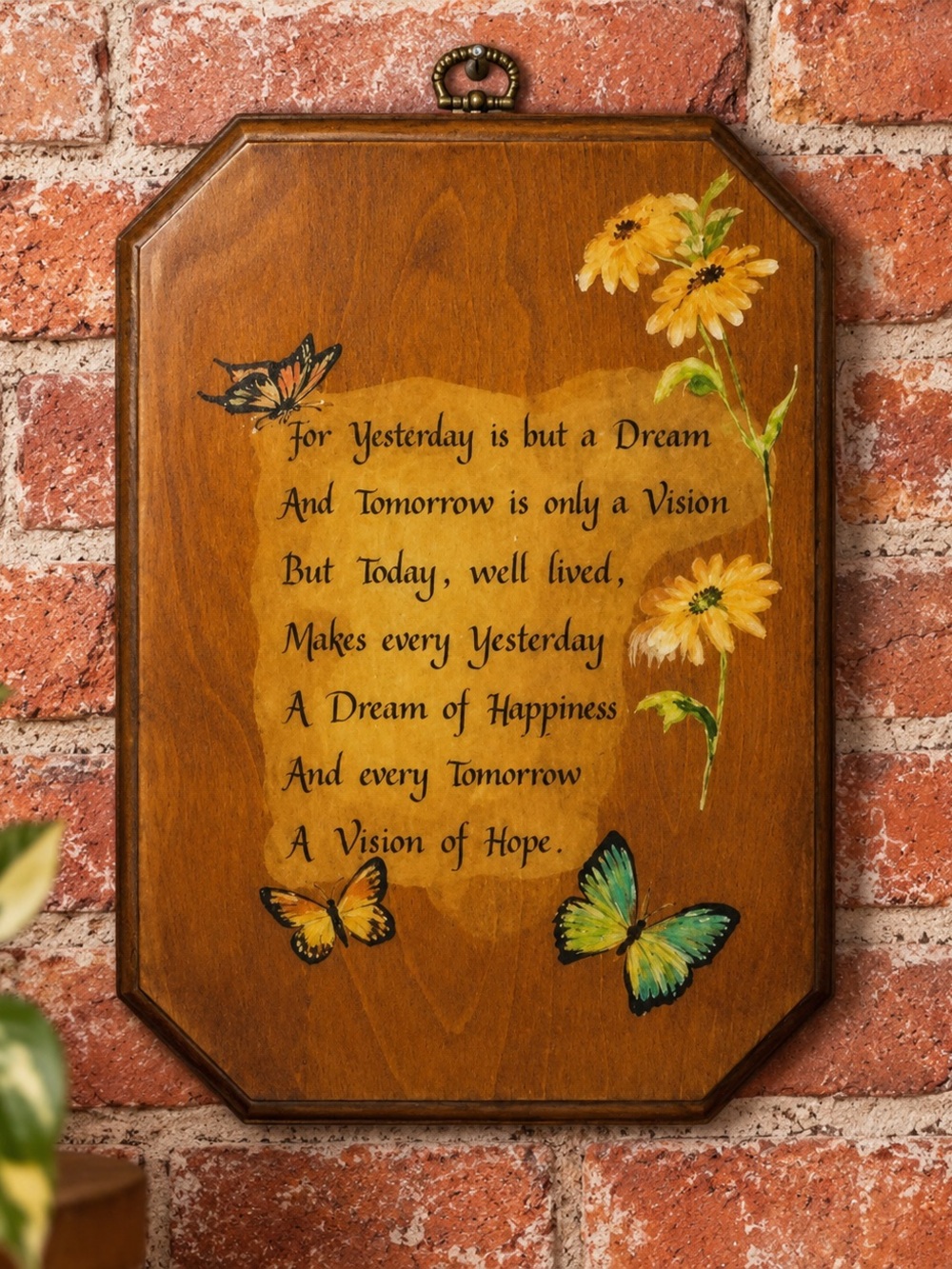 Vintage 70s Lacquered Wooden Inspirational Butterfly Floral Wall Plaque